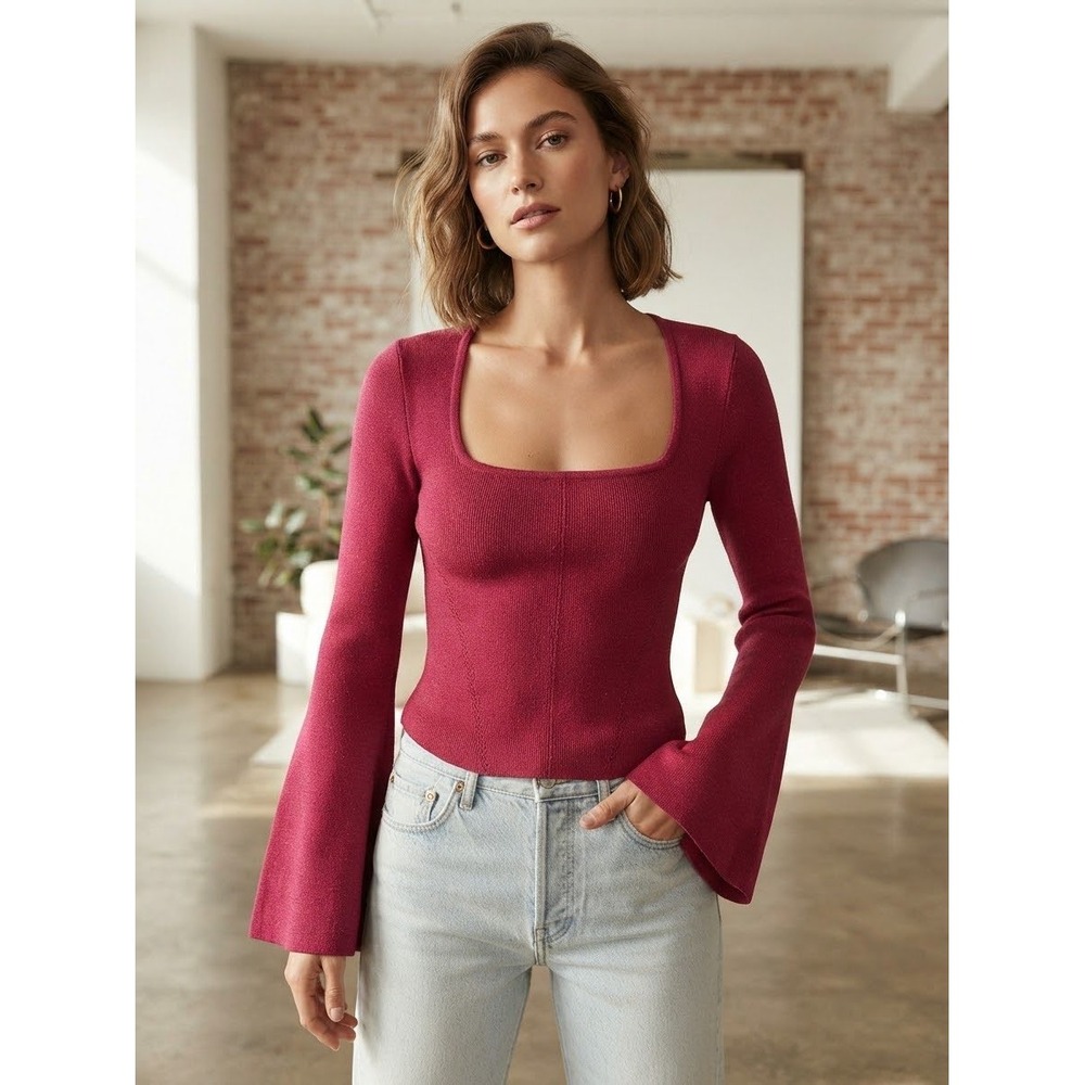 Maeve Anthropologie Magenta Metallic Square Neck Bell Sleeve Corset Sweater M